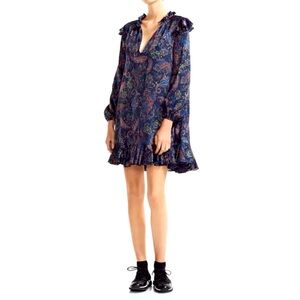 Maje Riley  Navy Ruffled Paisley-Print Mini Dress Size UK 1 XS S